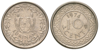 Суринам 10 центов 1974 KM 13 медно-никель 4611-613
