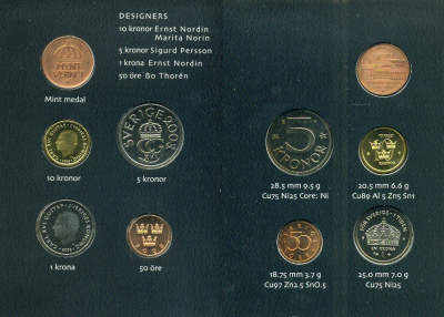 Швеция госнабор из 4 монет плюс оригинальный жетон, в картонном буклете Карл XVI Густав (1973- ), 2003 PROOFLIKE 3-4-1-51