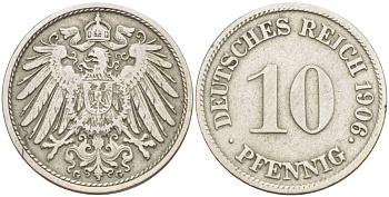 ГЕРМАНИЯ 10 ПФЕННИГОВ 1906 G KM 12, Jager 13, Weege 8 медно-никель 219-127