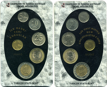 Турция официальный набор из 6 монет 2005 первый выпуск в новом дизайне, в оригинальном буклете UNC 3-6-3-21