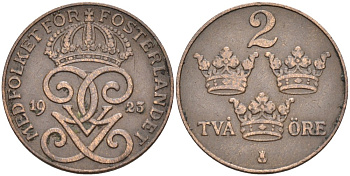 Швеция 2 эре 1923 Густав V (1907-1950) KM 778 бронза 63-1134