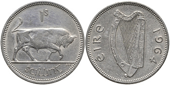 ИРЛАНДИЯ 1 ШИЛЛИНГ 1964 БЫК KM 14а медно-никель 89-554
