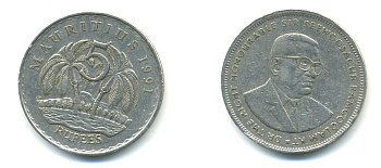 Маврикий 5 рупий 1991 Сивусагур Рамгулам KM 56 медно-никель 179-125