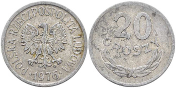 ПОЛЬША 20 ГРОШЕЙ 1976 MW KM A47, Parchimowicz 208p алюминий 99-818
