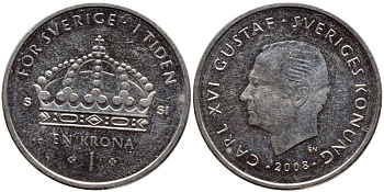 Швеция 1 крона 2008 Карл XVI Густав (1973- ) KM 894 медно-никель 87-321