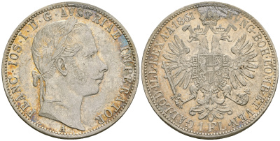 Австрия 1 флорин 1861 A, Франц Иосиф I (1848-1916), возможно с напайки KM 2219 серебро 4557-243