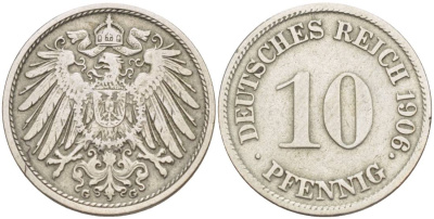 ГЕРМАНИЯ 10 ПФЕННИГОВ 1906 G KM 12, Jager 13, Weege 8 медно-никель 219-127