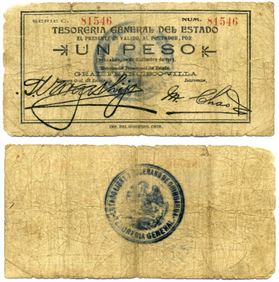 Мексика 1 песо 1913 10 декабря 1913, Tesorerнa General del Estado, серия С (печатная) Pick S 553c бумага 8603-3-1-1
