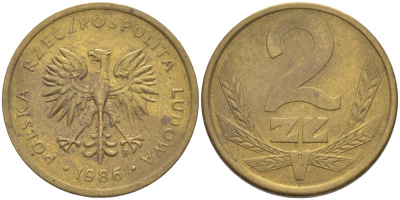 ПОЛЬША 2 ЗЛОТЫХ 1986 MW KM 80.2 латунь 112-1269