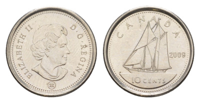 Канада 10 центов 2009 Leaf, Елизавета II (1952-2022), парусник KM 492 сталь плакированная никелем UNC 4630-863