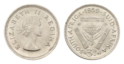 ЮАР 3 пенса 1959 Елизавета II (1952-2022) KM 47 серебро UNC 4679-139