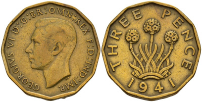 Великобритания 3 пенса 1941 Георг VI (1936-1952) KM 849, Spink 4112 никель латунь 4153-722