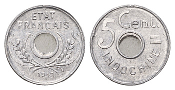 Французский Индокитай 5 сантимов 1943 год-тип KM 27 алюминий UNC 4380-1167