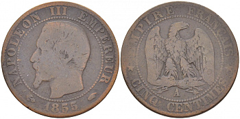 Франция 5 сантимов 1855 A, Наполеон III (1852-1870) KM 777.1, LE FRANC 116.17 бронза 4448-1242