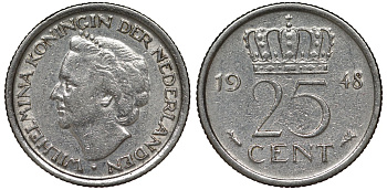 Нидерланды 25 центов 1948 Вильгельмина (1895-1948) KM 178 никель 4122-122