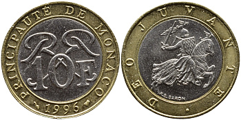 Монако 10 франков 1996 Ренье III (1949-2005) KM 163 биметалл 4364-1315