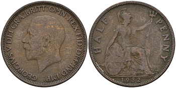 Великобритания 1/2 пенни 1932 Георг V (1910 - 1936) KM 837, Spink 4058 бронза 4146-156