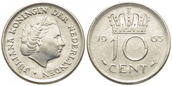 НИДЕРЛАНДЫ 10 ЦЕНТОВ 1963 ЮЛИАНА KM 182 никель 112-267