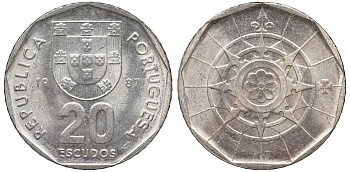 Португалия 20 эскудо 1987 KM 634 медно-никель 4142-1227