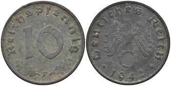 Германия 10 рейхспфеннигов 1942 F KM 101, J.371 цинк 4151-213