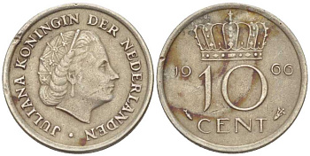 НИДЕРЛАНДЫ 10 ЦЕНТОВ 1966 ЮЛИАНА (1948-1980) KM 182 никель 214-1221