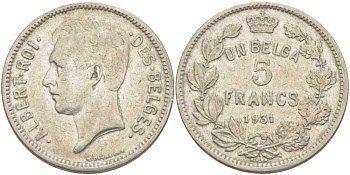 БЕЛЬГИЯ 5 ФРАНКОВ 1931 АЛЬБЕРТ I, DES BELGES KM 97.1 никель 3851-211