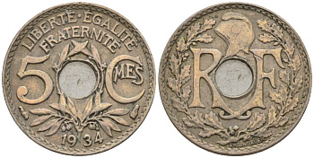 Франция 5 сантимов 1934 KM 875 медно-никель 4596-623
