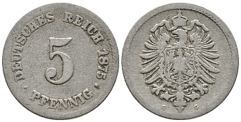 ГЕРМАНИЯ 5 ПФЕННИГОВ 1875 G, СТАРОГЕРБОВКА KM 3, J. 3 медно-никель 39-348