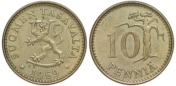 ФИНЛЯНДИЯ 10 ПЕННИ 1969 S KM 46 алюминиевая бронза 3334-1125