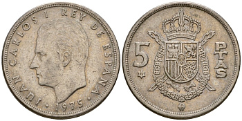 Испания 5 песет 1975 (77) Хуан Карлос I (1975-2014) KM 807 медно-никель 186-1257