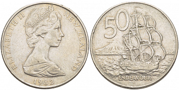 Новая Зеландия 50 центов 1982 Елизавета II (1952-2022), парусник Индевор KM 37.1 медно-никель 215-214