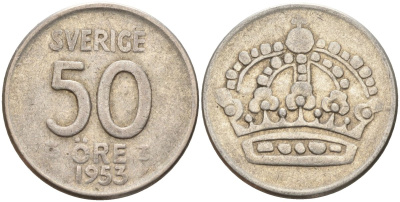 Швеция 50 эре 1953 TS, Густав VI Адольф (1950-1973) KM 825 серебро 4148-925