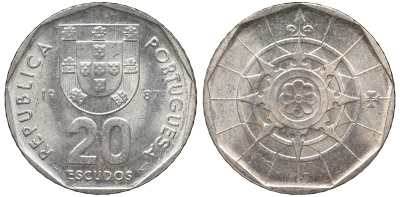 Португалия 20 эскудо 1987 KM 634 медно-никель 4142-1227