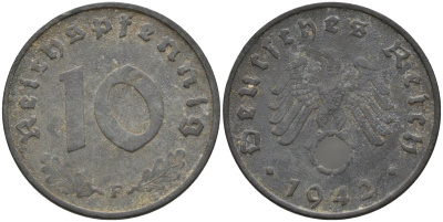 Германия 10 рейхспфеннигов 1942 F KM 101, J.371 цинк 4151-213