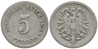 ГЕРМАНИЯ 5 ПФЕННИГОВ 1875 G, СТАРОГЕРБОВКА KM 3, J. 3 медно-никель 39-348