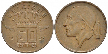 БЕЛЬГИЯ 50 САНТИМОВ 1959 BELGIQUE KM 148.1 бронза 4528-124
