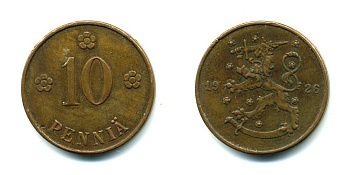 Финляндия 10 пенни 1926 республика (1918-1962) KM 24 медь 46-1524