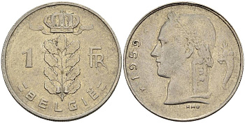 БЕЛЬГИЯ 1 ФРАНК 1959 BELGIE KM 143.1 медно-никель 4546-347
