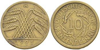 ГЕРМАНИЯ 10 РЕНТЕНПФЕННИГОВ 1924 A KM 33, J. 309, Weege 8 алюминиевая бронза 212-746