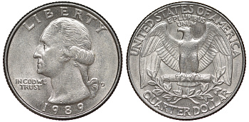 США 25 центов = квотер 1989 D, Вашингтон KM A164a медь плакированная медно-никелем 4543-321