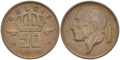 БЕЛЬГИЯ 50 САНТИМОВ 1964 BELGIE KM 149.1 бронза 4396-427