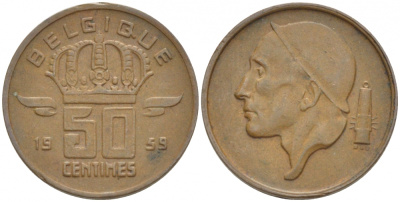БЕЛЬГИЯ 50 САНТИМОВ 1959 BELGIQUE KM 148.1 бронза 4528-124