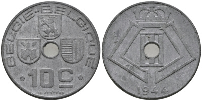 БЕЛЬГИЯ 10 САНТИМОВ 1944 BELGIE-BELGIQUE, ГЕРМАНСКАЯ ОККУПАЦИЯ, ВТОРАЯ МИРОВАЯ ВОЙНА KM 126 цинк 3334-255