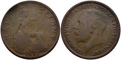 Великобритания 1/2 пенни 1927 Георг V (1910-1936), большая голова KM 824, Spink 4057 бронза 51-1616