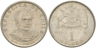 Чили 1 эскудо 1971 Хосе Мигель Каррера KM 197 медно-никель 4174-435