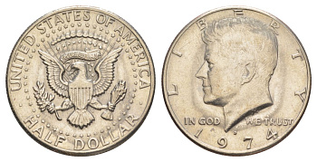 США 1/2 доллара (50 центов) 1974 D, Джон Кеннеди KM 202b медь плакированная медно-никелем aUNC 4123-211