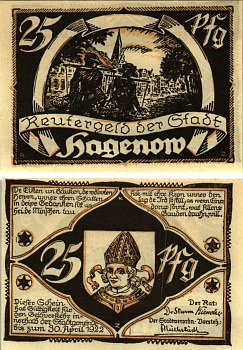 ХАГЕНОВ 25 ПФЕННИГОВ 1922 НОТГЕЛЬД, 1922 - 30 АПРЕЛЯ 1922, ЗЕМЛЯ МЕКЛЕНБУРГ-ПЕРЕДНЯЯ ПОМЕРАНИЯ Grabowski 500.2 бумага 7547-88-4-2