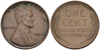 США 1 цент 1946 Линкольн KM А132 медь цинк 4594-324