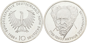 ФРГ 10 марок 1988 D, 200 лет со дня рождения АРТУРА ШОПЕНГАУЭРА KM168 серебро PROOF 4558-312