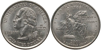США 25 центов = квотер 2001 D, серия штаты США, Нью-Йорк KM 318 медь плакированная медно-никелем 181-124